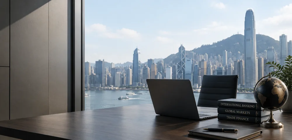 International banking volumes on a harbour-front desk