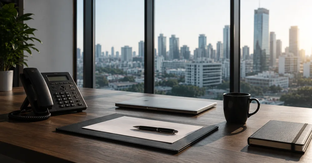 An executive desk overlooking the city
