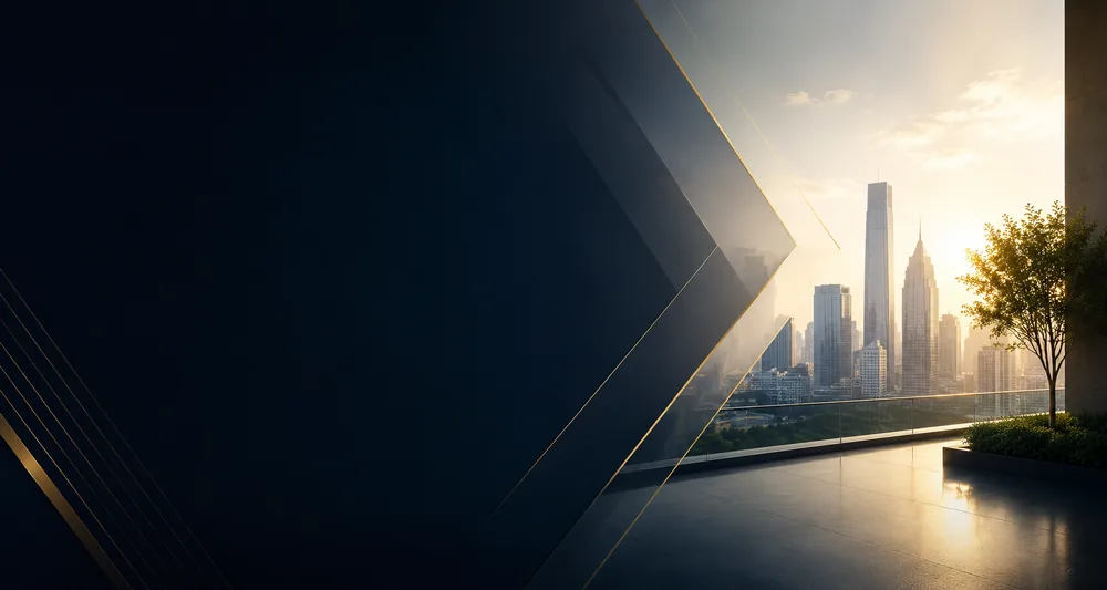Architectural detail in navy and gold above a city at sunrise