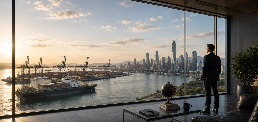 Container port and skyline seen from an executive office