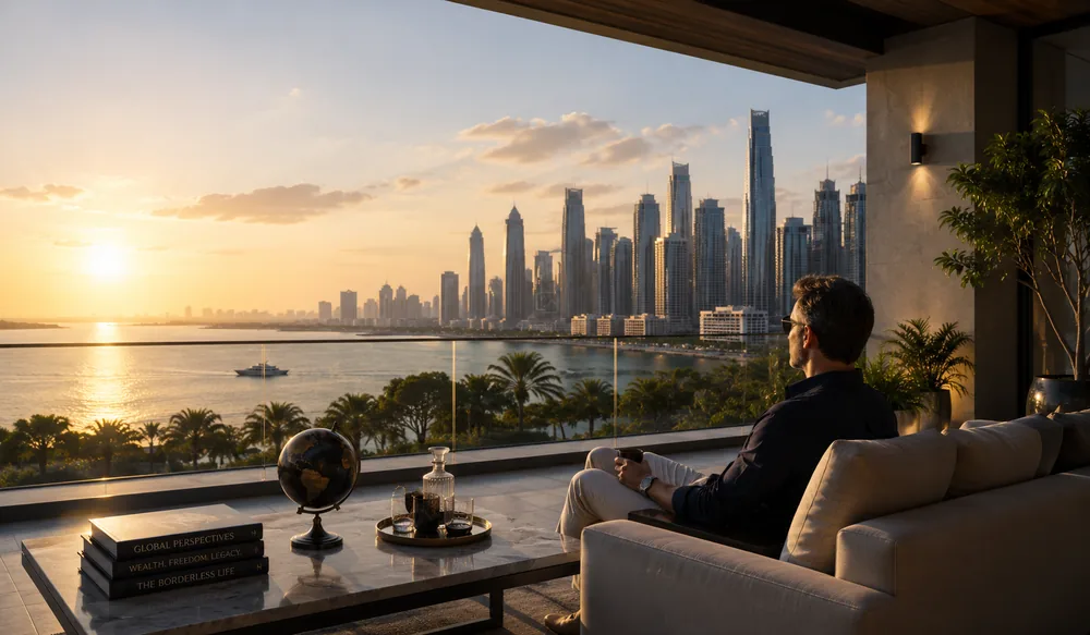Sunset over a waterfront skyline from a private terrace