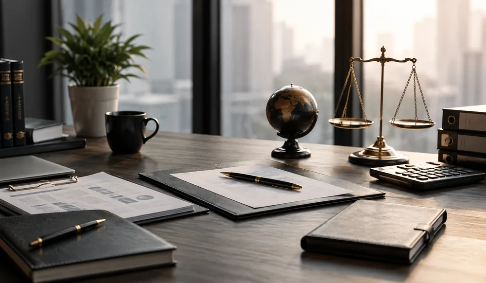 Scales, globe and ledgers on an advisory desk
