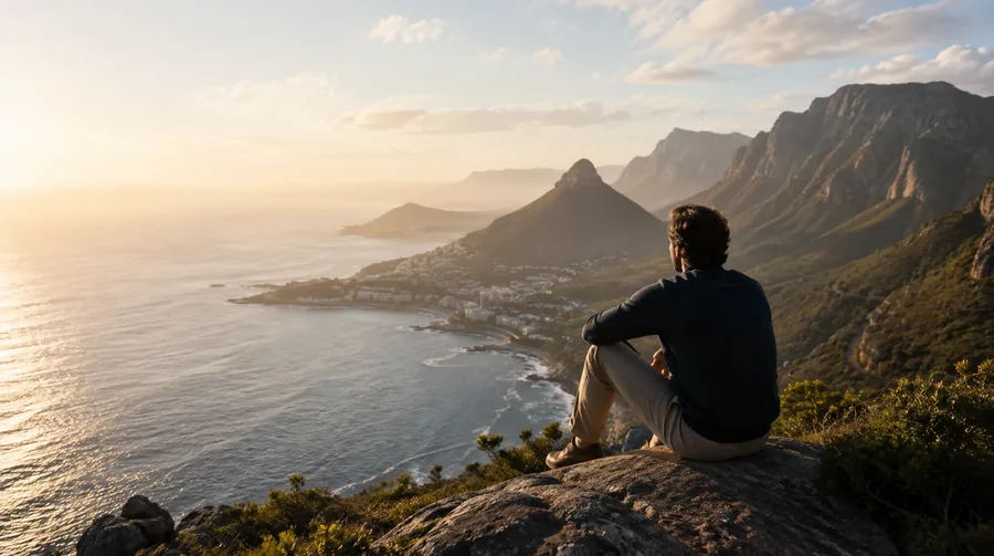 Coastline seen from a mountain ridge at sunset